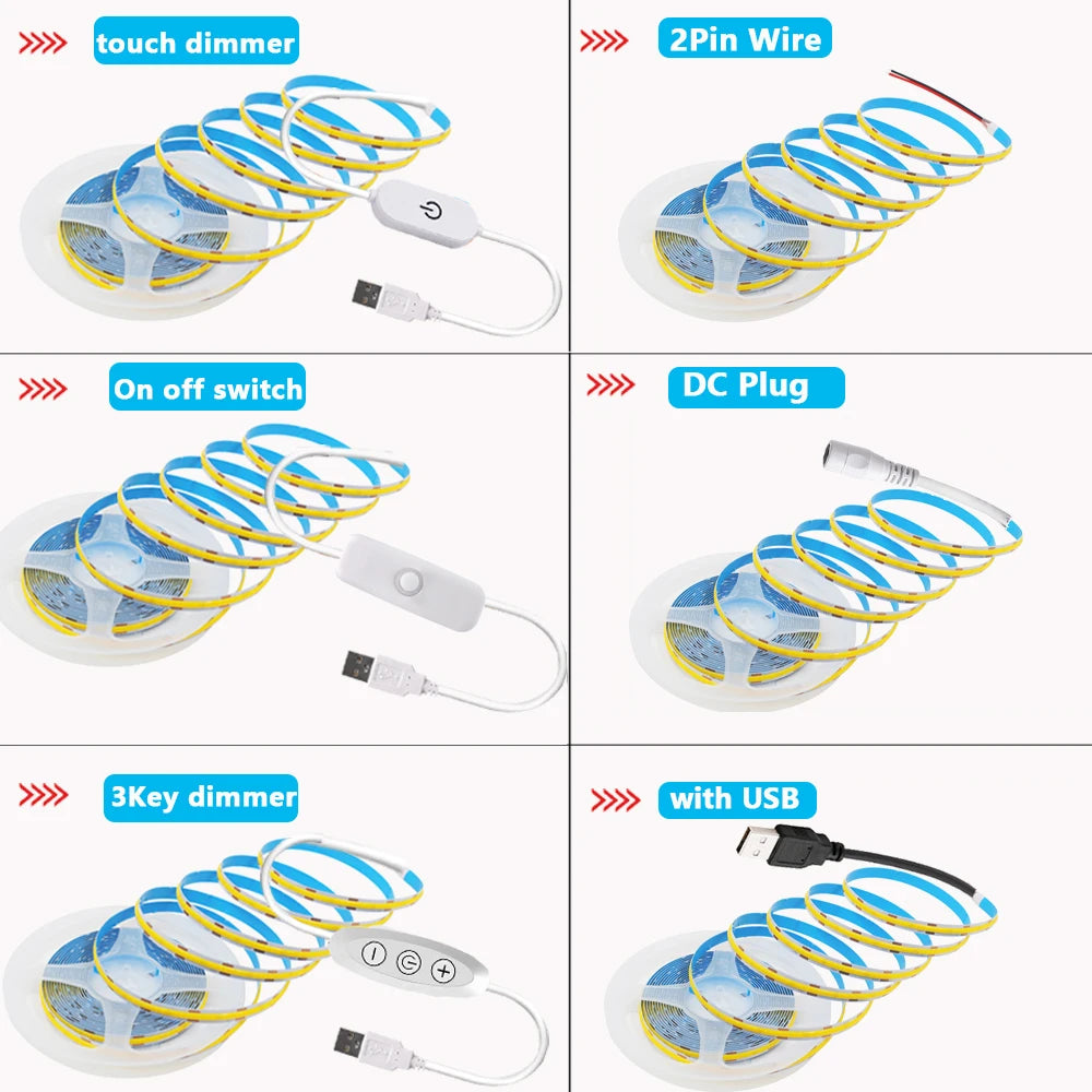 5V USB COB LED Strip Light 3Keys Touch Dimmable ON/OFF Switch Bright Red Green Blue Warm White 320LEDs Flex Ribbon Tape 8mm PCB