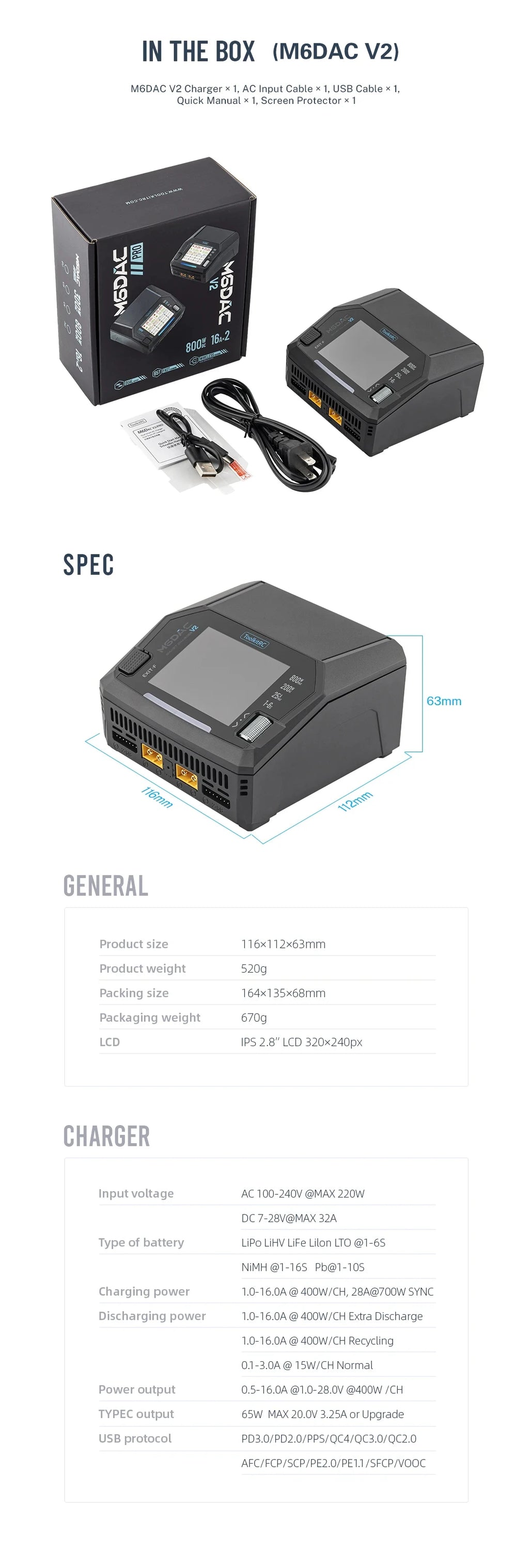 ToolkitRC M6DAC PRO V2 Dual Channel Smart Lipo Battery Charger Discharger AC 200W DC 800W 16A for 1-6S LiHV LiPo PD65W FPV Drone