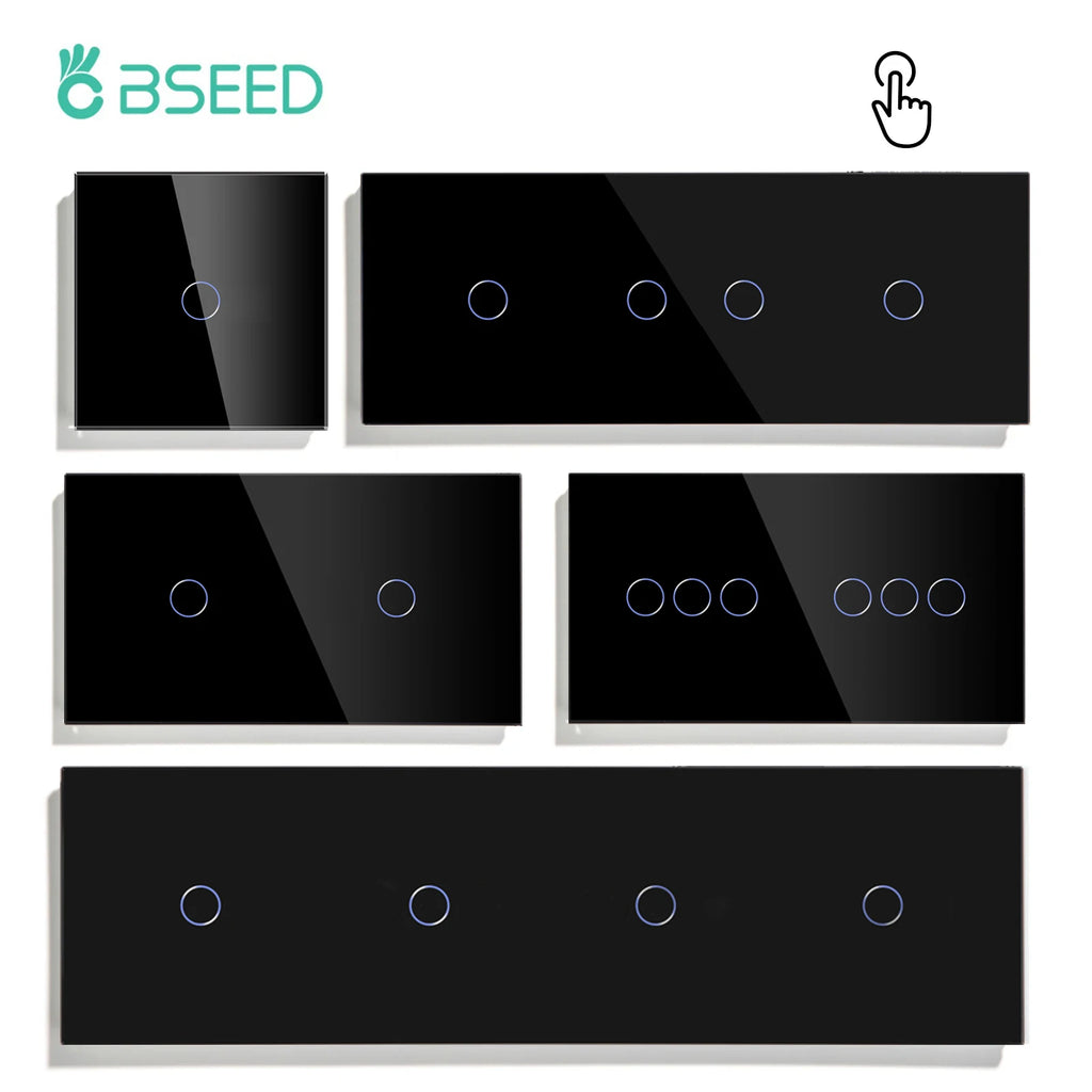BSEED Touch Switches 1/2/3Gang 1Way Wall Light Switches Blue LED Backlight Glass Sensor Screen Home Switches Black EU Standard
