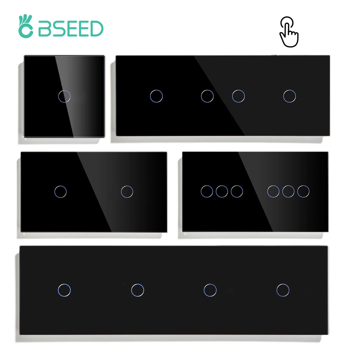 BSEED Touch Switches 1/2/3Gang 1Way Wall Light Switches Blue LED Backlight Glass Sensor Screen Home Switches Black EU Standard