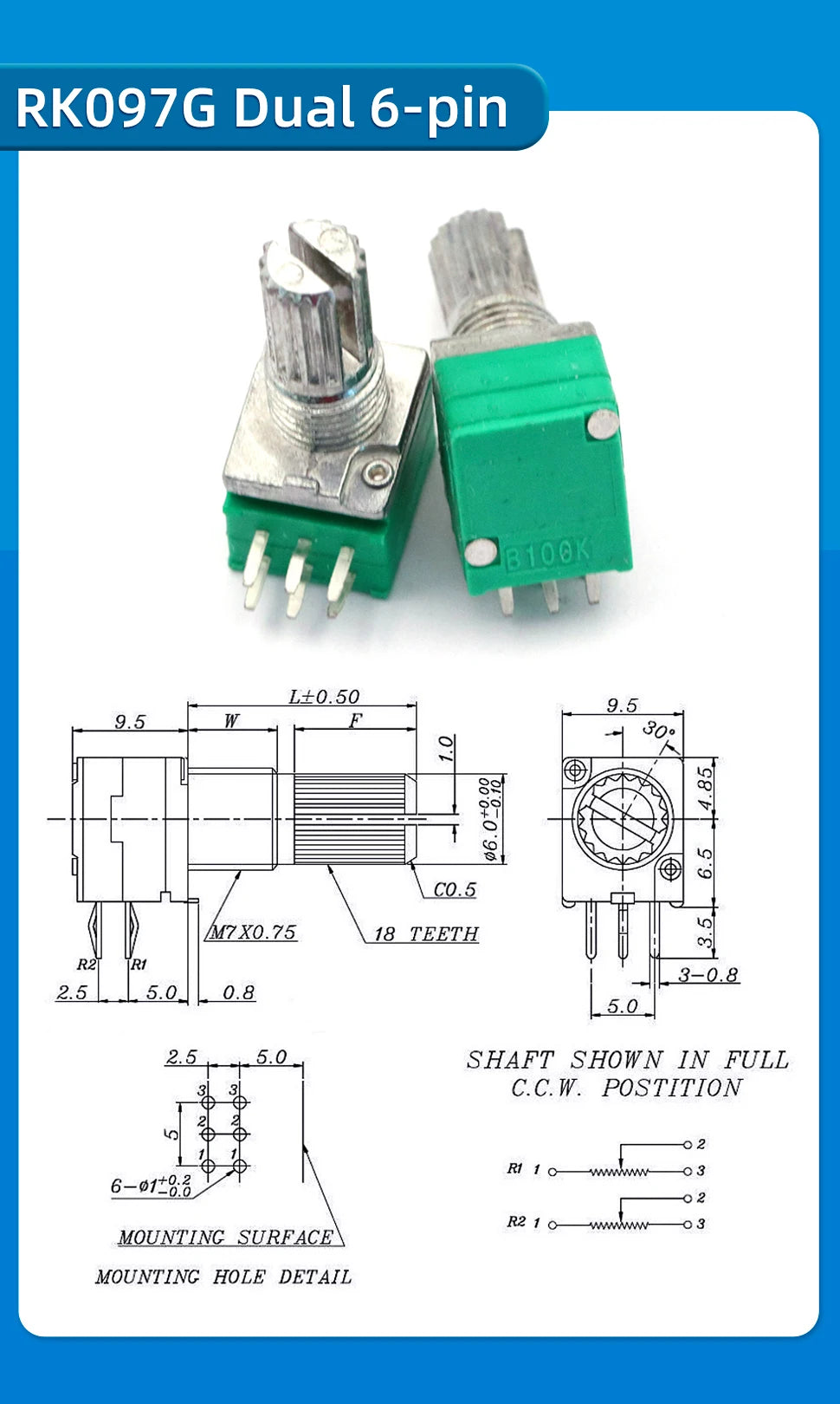 5PCS RK097NS G Single Double Potentiometer B5K/10K/20K/50K/100K Power Discharge Bit Speaker Audio