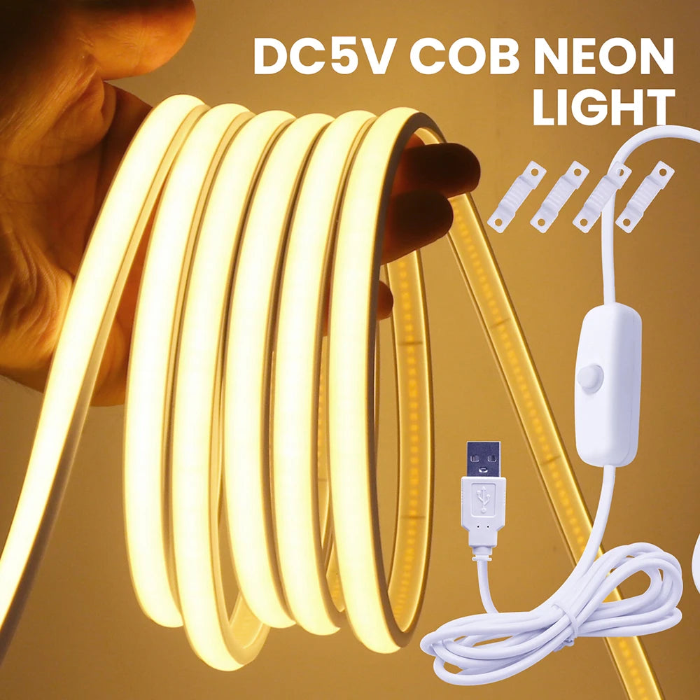 IP68 Waterproof Flexible Neon Rope Light USB COB LED Strip 5V ON OFF Switch 320 LEDs/m Natural Warm White 0.5m 1m 2m 3m 4mm 5m