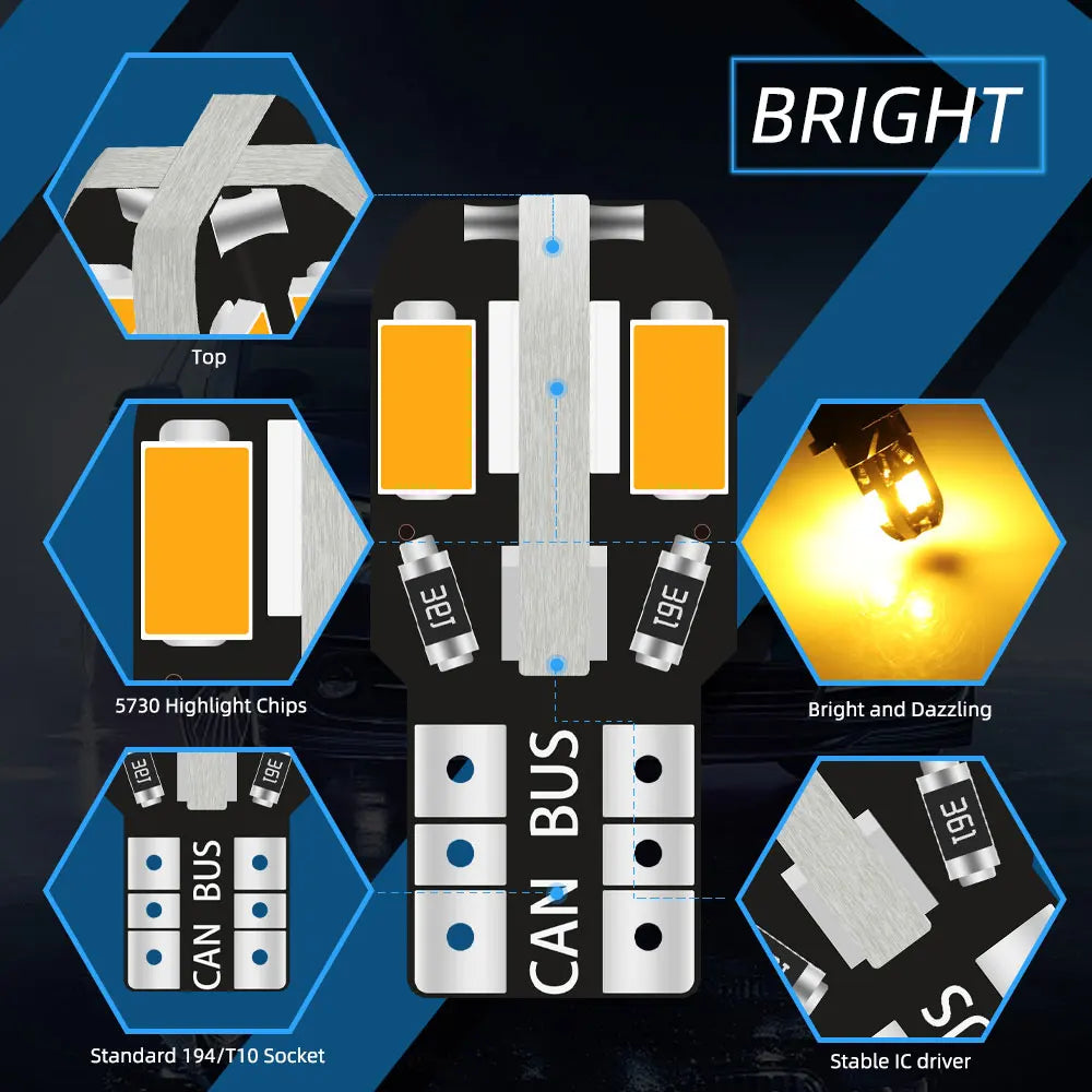 10pcs  W5W Led T10 Canbus Led Bulbs 8Pcs 5730 SMD 168 194 LED Interior Map Dome Lights Auto Clearance Light Parking Signal Lamp