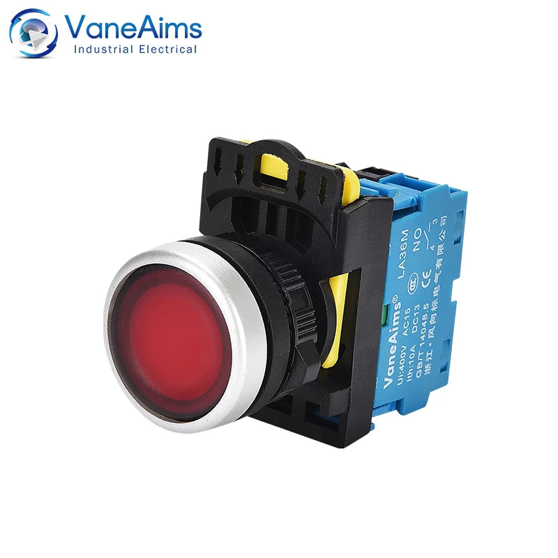 22mm LA36M Momentary Push Button Switch with LED Light 12v 24v 220v Latching Illuminated Push Button Switches On Off VaneAims