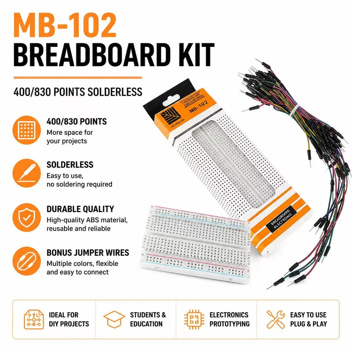 MB-102 Solderless Breadboard Kit 400/830 Points Prototype PCB Board with Jumper Wires Electronic Components DIY Kit for Arduino
