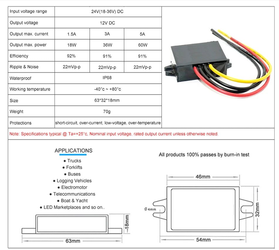 24V 36V 48V 60V to 12V 1A-5A Buck DC Power Converter 60V-12V Step-down Voltage Regulator Transformer Car Truck Boat Supply