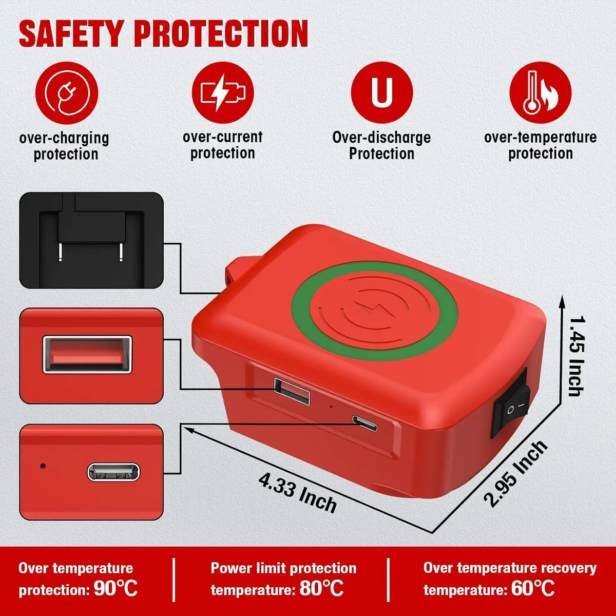 Fast Wireless Charger Adapter for Makita/Milwaukee/Dewalt 18V Battery - with Type C & USB Output, Wireless Phone Charger