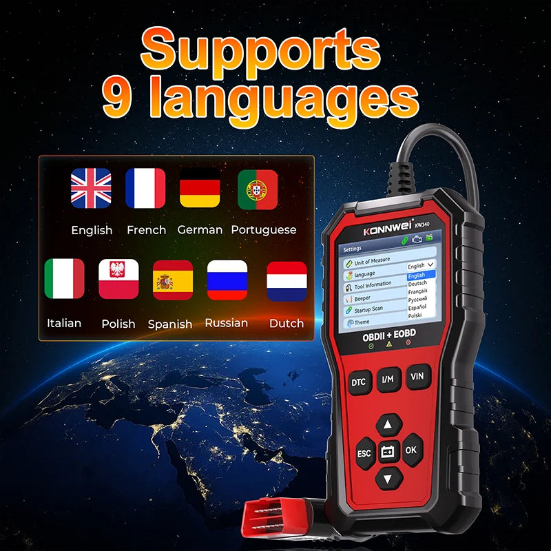 2026 KONNWEi KW340 Car CAN OBD2 EOBD Diagnostic Tool Engine Battery Test Read Fault Code Clear Real-Time Data O2 Inspection Tool