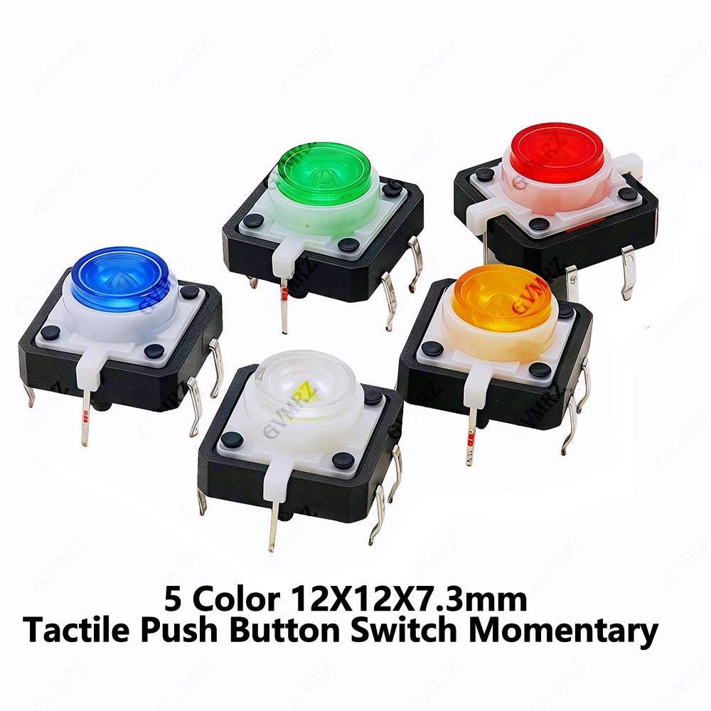 5PCS 12X12X7.3 Tactile Push Button Switch Momentary Tact LED 5 Color 12X12X7.3mm 12*12*7.3mm Blue,White,Yellow,Red,Green