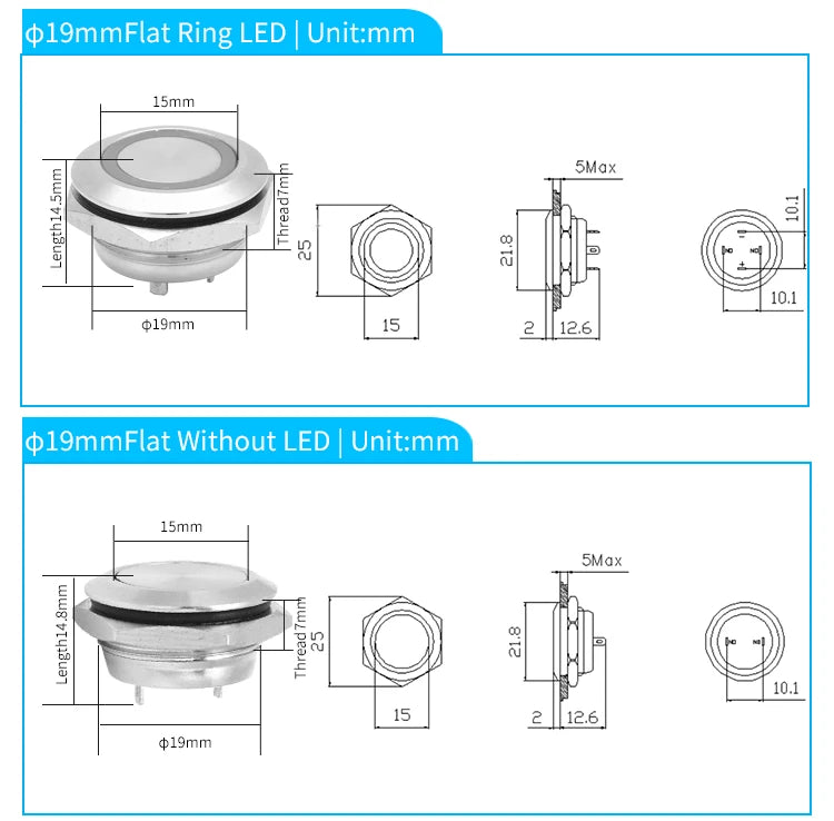 12mm 16mm 19mm 22mm Ultra Short Micro Stroke Stainless Steel Push Button Switch with LED Lamp Waterproof Self-reset/Momentary