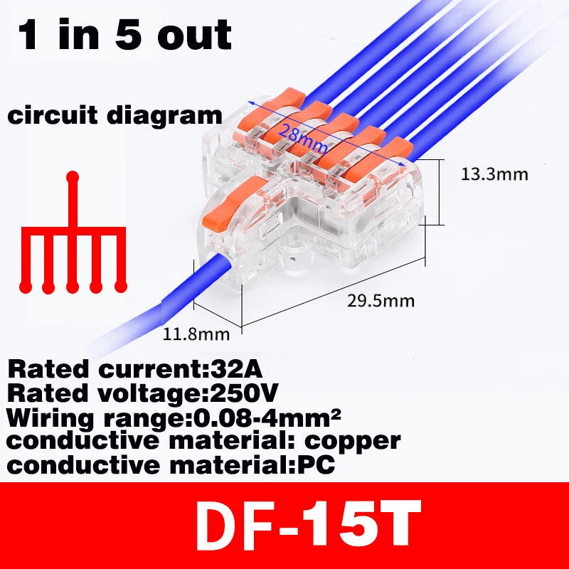 Fast Universal Compact Conductor Junction Box Spring Splice Terminal Block Push-in Wire Connector Cable Splitter 1 in 3/4 out