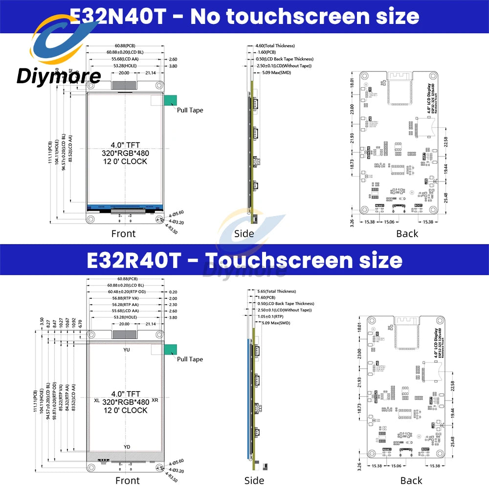 4.0-Inch Touch Screen ESP32 WiFi Bluetooth Development Board 320x480 Resolution ST7789 Driver ESP32-32E Module Type-C