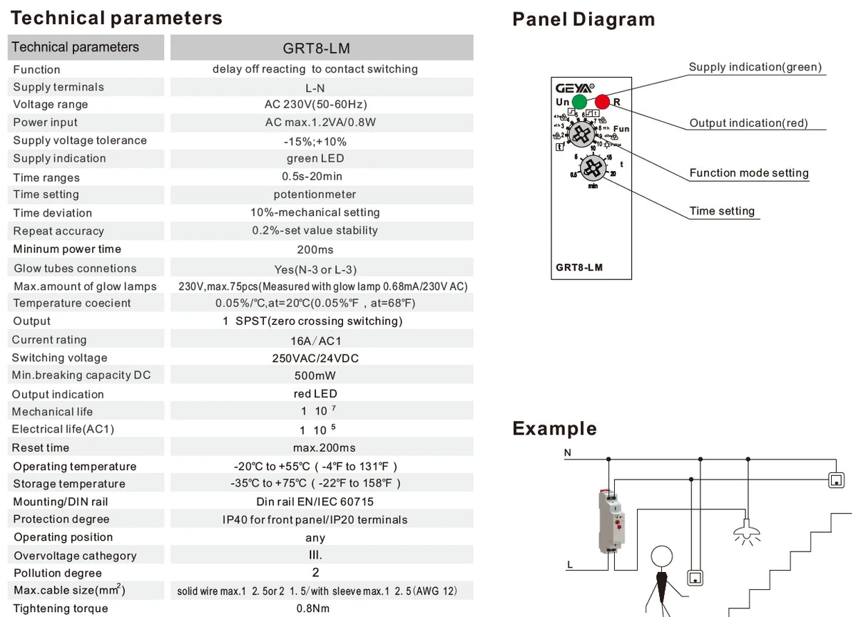 GEYA GRT8-LS/LM Din Rail Staircase Switch Lighting Timer Switch 230VAC 16A 0.5-20mins Delay off Relay Light Switch