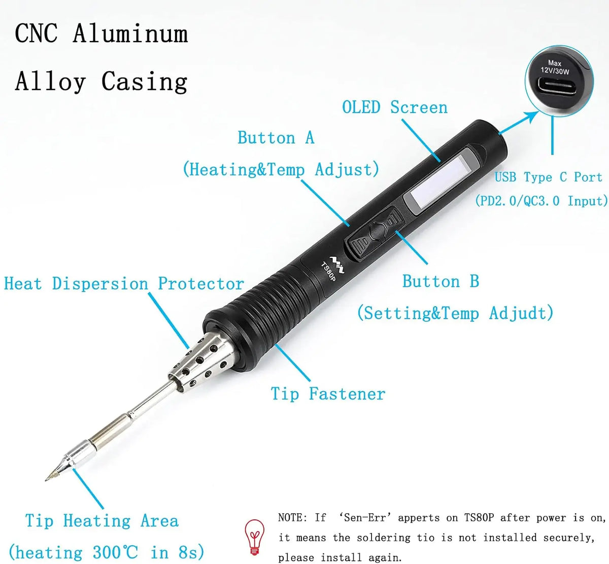 TS80P Soldering Iron Smart Mini Portable Digital Welding Tools Kit with B02 Tips Pocket-size 9V/12V Type C USB Power Supply