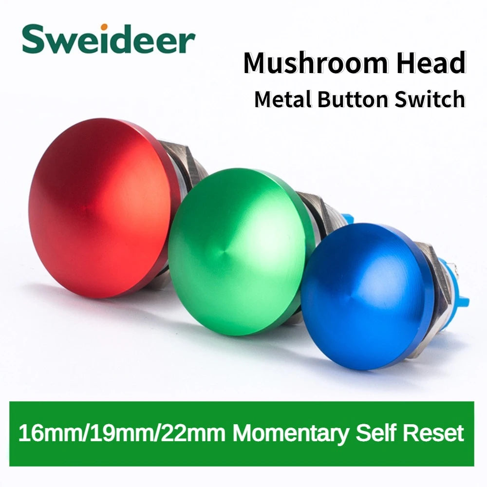 16/19/22mm Metal Button Switch Waterproof Momentary Self Reset Screw Foot Red Green Blue Mushroom Head Power Switch