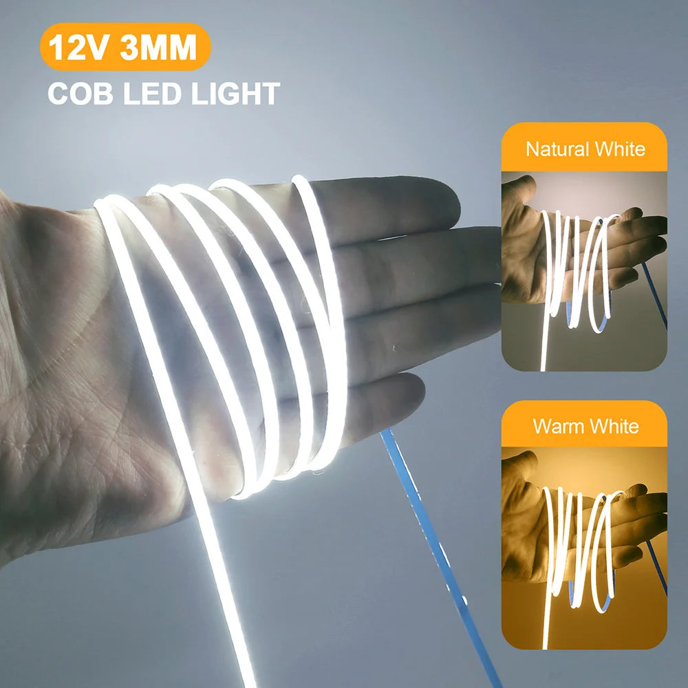 3mm 5mm PCB COB LED Strip Light 5V 12V 24V 320LED 8mm CRI90 Super Bright Flexible LED Tape For Cabinet Home Liner Lighting