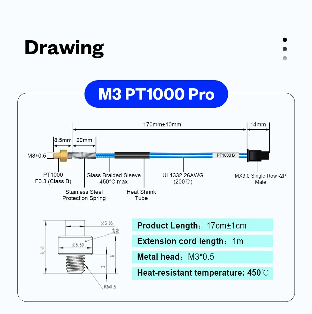 BLV® PT1000 Thermistor M3 M4 Bear 3x15mm PT1000 Pro High Temperature Resistance 450℃ For Rapido Hotend Dragon Hotend