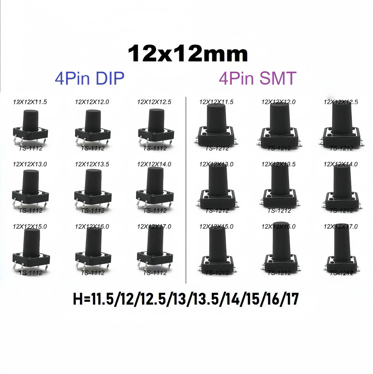 10-Piece 12X12mm H=11.5/12/12.513/13.5/14/15/16/17MM 4PIN DIP SMT Momentary Tactile Tact Switch Push Button Key Button Black
