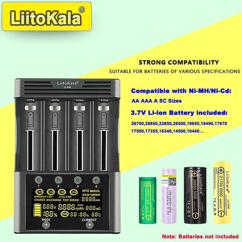 LiitoKala Lii-600 4 Bay LCD Smart Charger 3A Fast Charging 18650 21700 26650 26700 Li-ion NiMH AA AAA C Capacity Tester