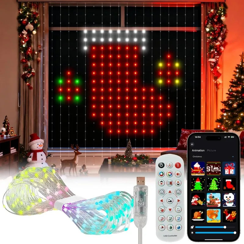 Smart Curtain Lights 256/400 LEDs Color Changing Dynamic DIY RGB IC String Lights with Remote & App Control for Bedroom Living Room Holiday Indoor Backdrop Decor