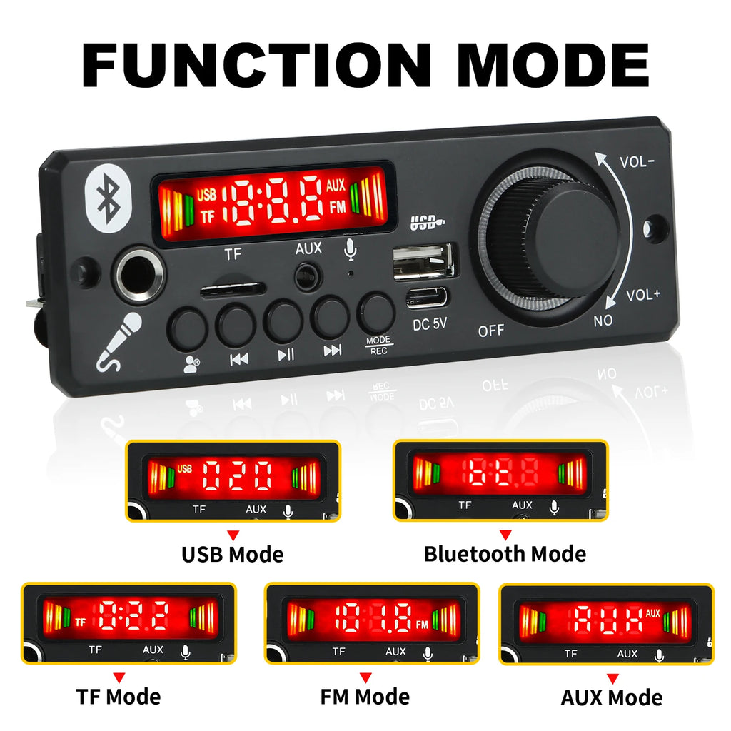 2*3W 6W Amplifier 5V MP3 Decoder Board Bluetooth 5.0 Stereo Audio DIY Car MP3 Player FM Radio TF USB 6.5mm Mic jack Record Call