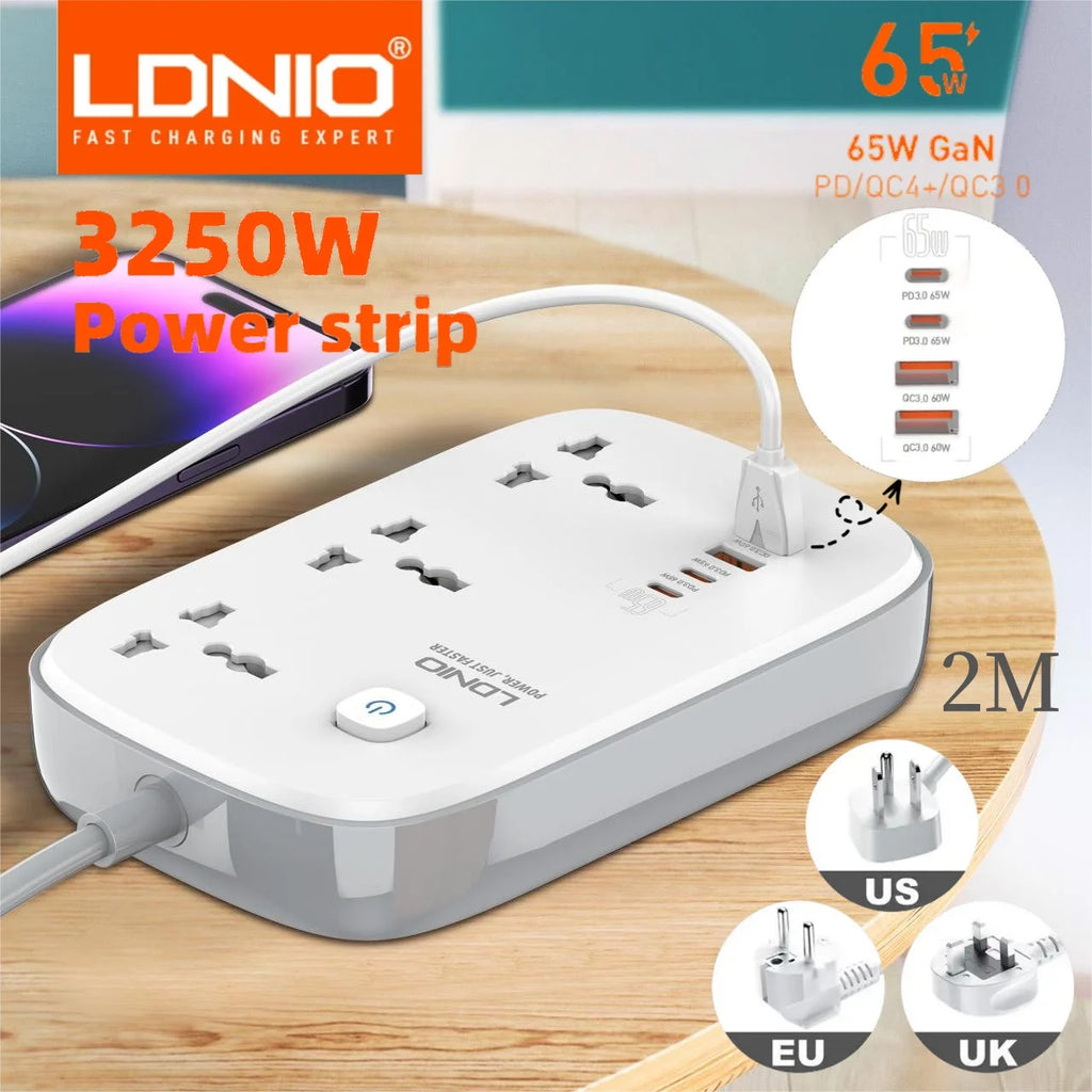 LDNIO Universal Power Strip with 65W GaN USB Charer 3250W Extension Cable Network Filter Surge Protector  EU/US/UK Plug Socket