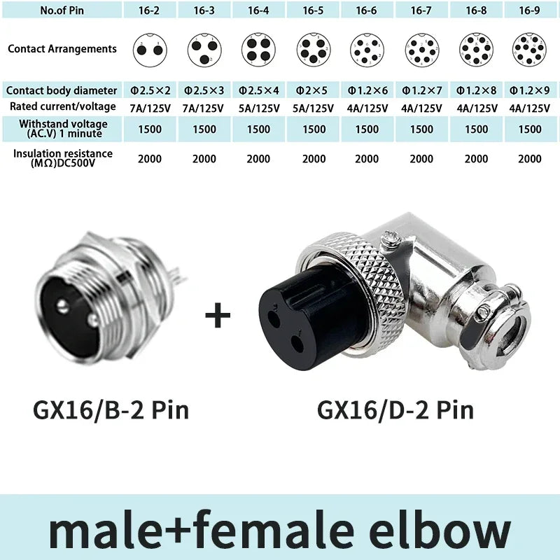 GX16 90 Degree Right Angle 16mm Aviation Connector Elbow M16-2 3 4 5 6 7 8 9 10 Pin  Female Plug Male Chassis Mount Socket