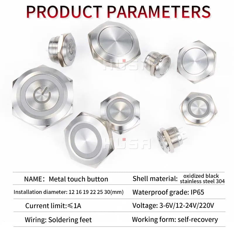 12/16/19/22/25/30mm Short Stroke Mini Waterproof Metal Push Button Switch Power Led Light Momentary 5/12/24/220V Black 1NO