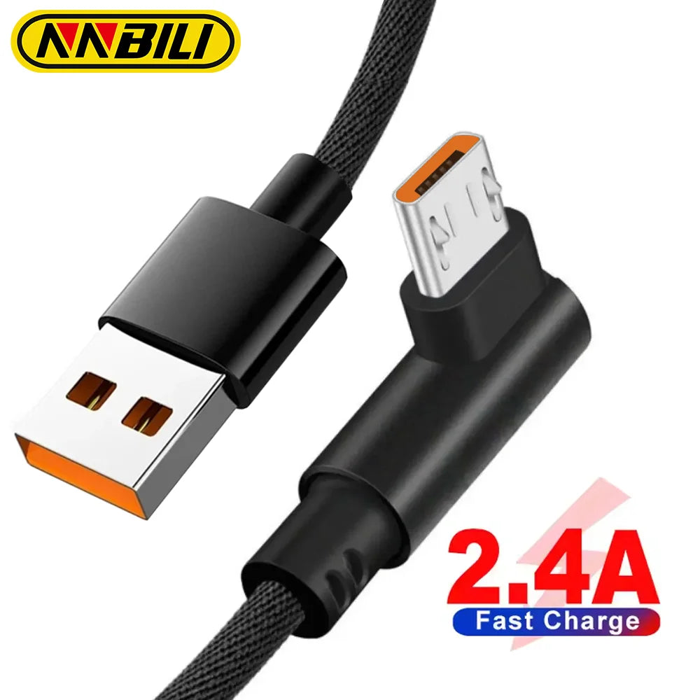 NNBILI Micro USB Cable 90 Degree USB Cable For Samsung S7 Xiaomi Android Smartphone Phone UsbC Cable 2.4A Fast Charging 1m/2m/3m