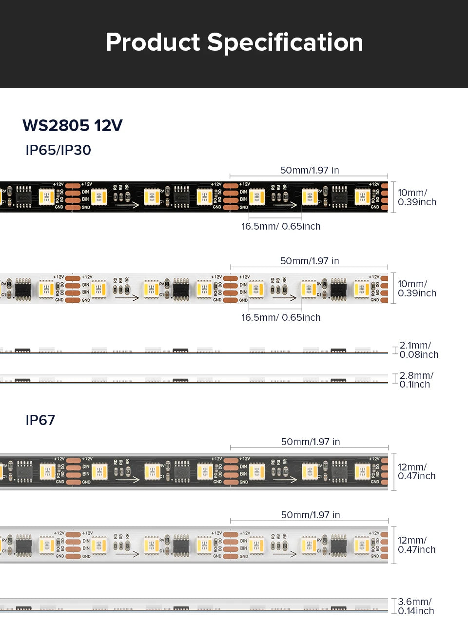 WS2805 Pixels LED Strip Light RGBCCT 5 in 1 Addressable LED Lights Dual Signal RGB WW CW 3000K-6500K DC12V 24V 1 IC to 3/6/7 LED