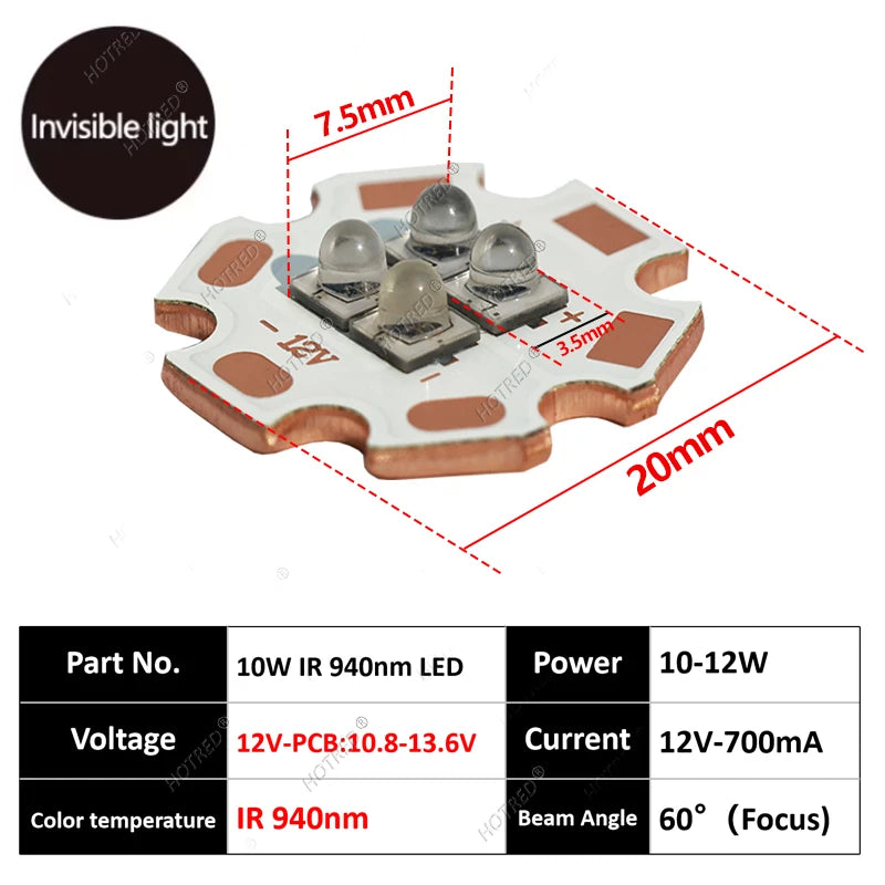 DC3V/6V/12V IR LED 60 Degree 850nm 940nm Chip 10W High Power Light3535 4Chips Infrared Lamp Ceramic Beads With 20mm Copper Board