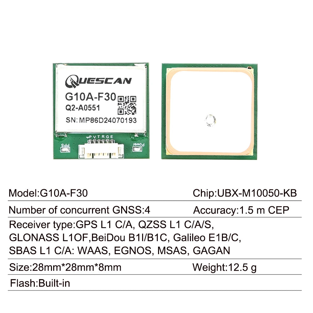QUESCAN G10A-F30 UBX M10 GPS GNSS Module for ESP32 STM32 Arduino NMEA GPS Galileo GLONASS BeiDou Antenna Receiver UBX-M10050-KB