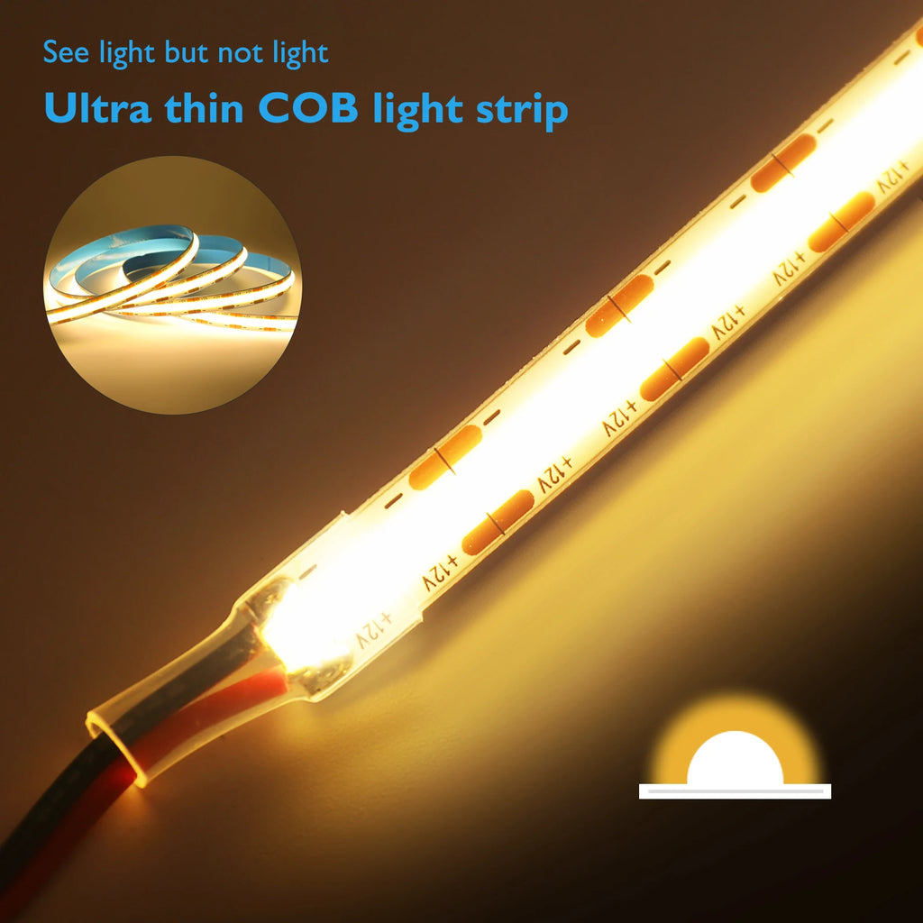 DC12 24V COB LED Strip Light 528Leds/m Flexible Tape Ribbon High Density Linear Lighting 3000-6500K RA90 Led Lights Room Decor