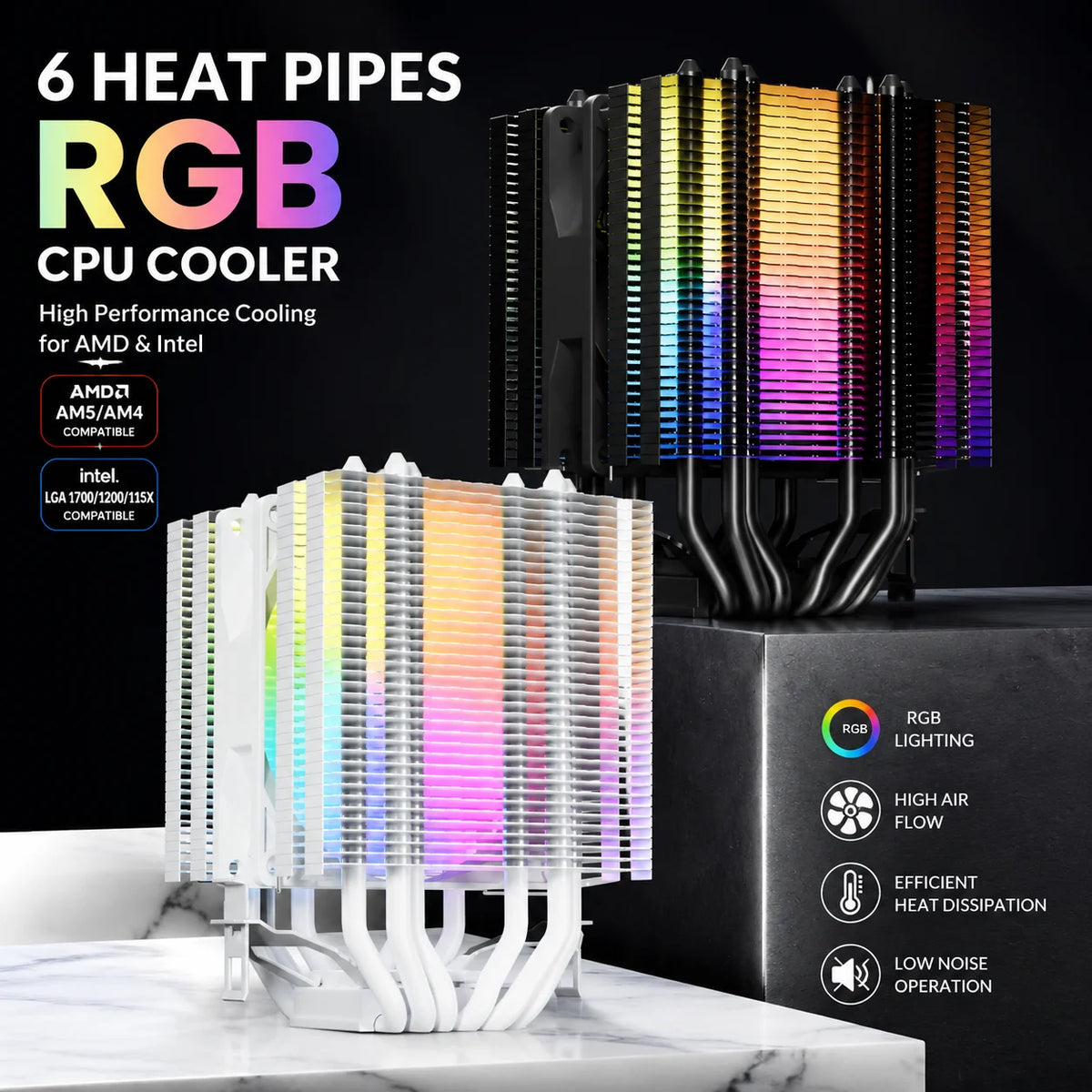 6 Heat Pipes CPU Cooler Black/White Silent RGB Cooling Fan for Intel LGA 1700 1200 1150 1151 1155 2011 X79 X99 1366 AMD AM5 AM4