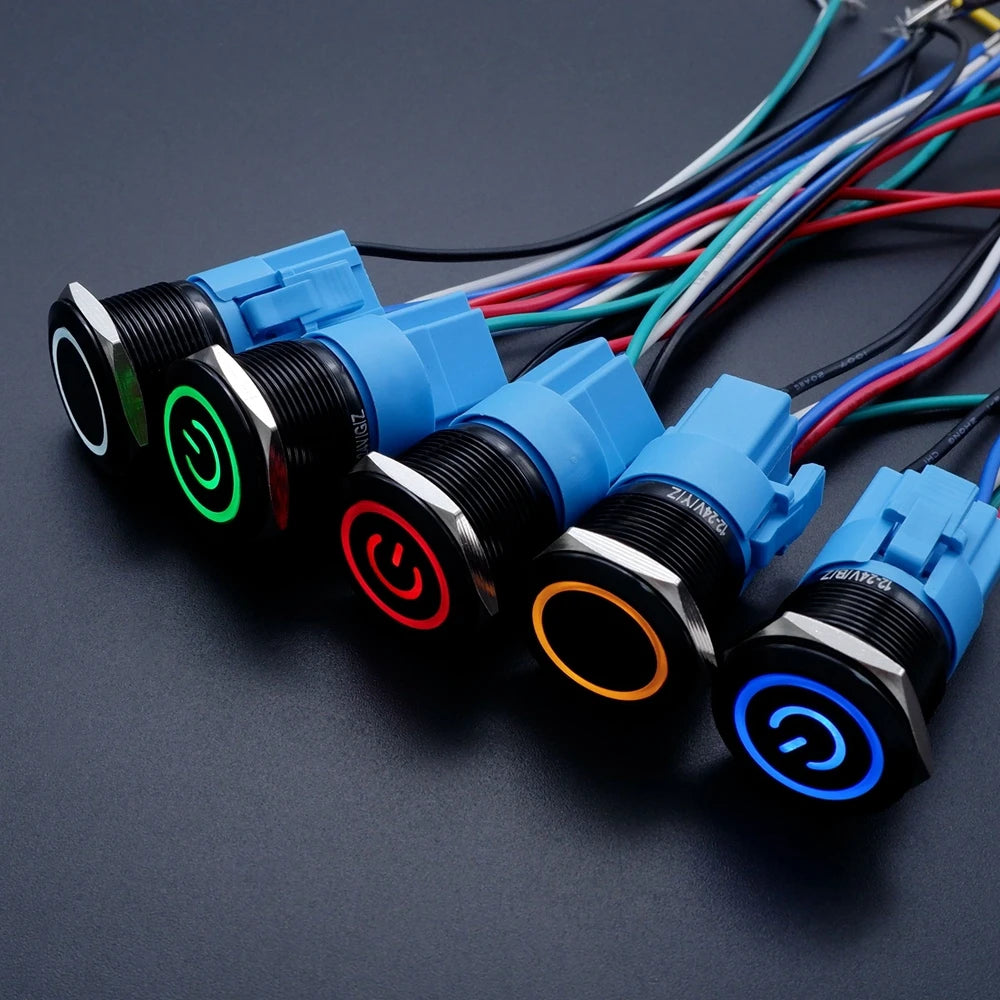 16/19/22mm Black Push Button Switch Waterproof Illuminated Metal Momentary Latching Fixed On Off Power Switch Backlit LED 3V 12V
