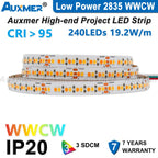 Auxmer 2835 WWCW LED Strip Lights,120LEDs/m 240LEDs/m,CRI＞95 Super Bright Flex LED DC12/24V,5m/reel,CCT 2400~6500K,IP20,3SDCM