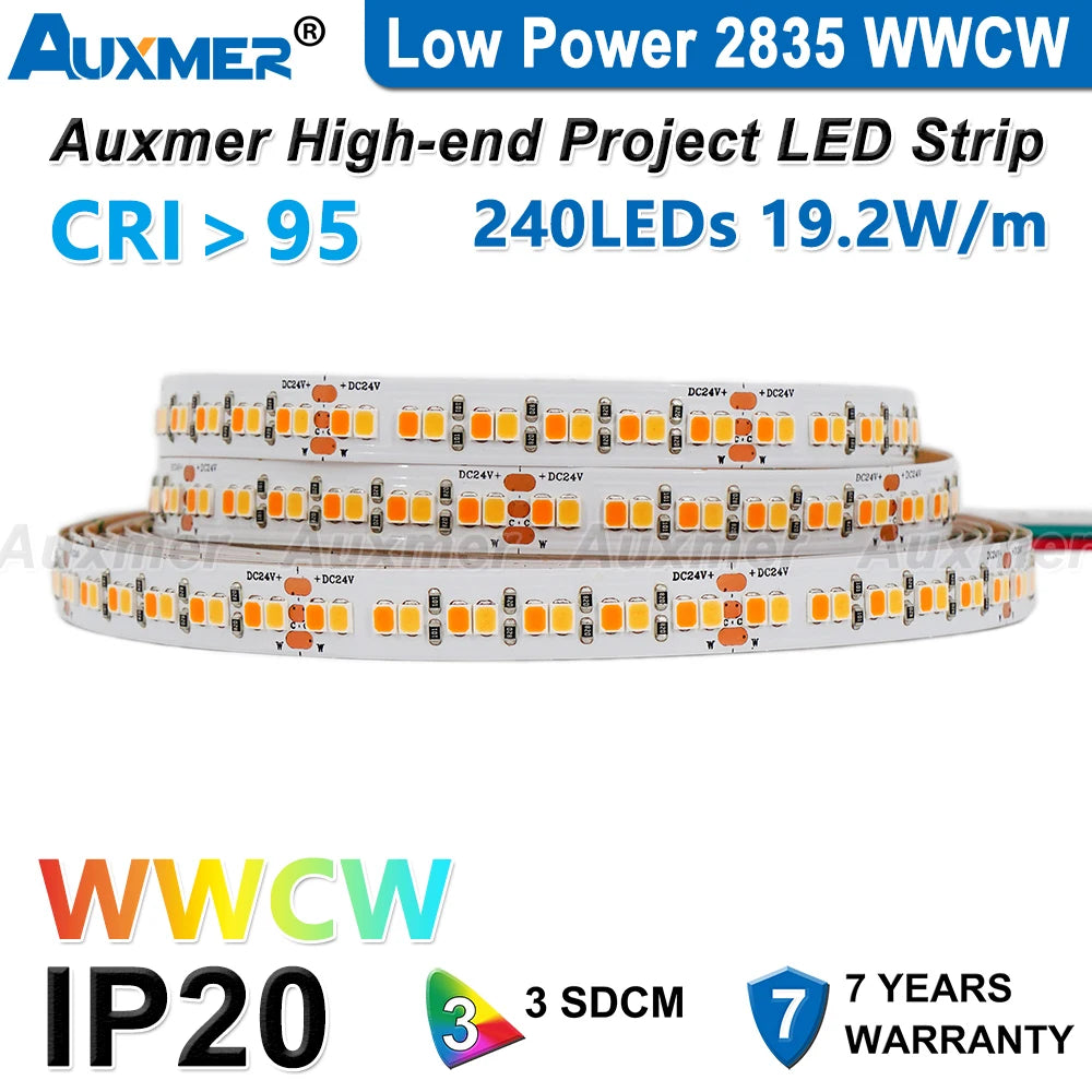 Auxmer 2835 WWCW LED Strip Lights,120LEDs/m 240LEDs/m,CRI＞95 Super Bright Flex LED DC12/24V,5m/reel,CCT 2400~6500K,IP20,3SDCM