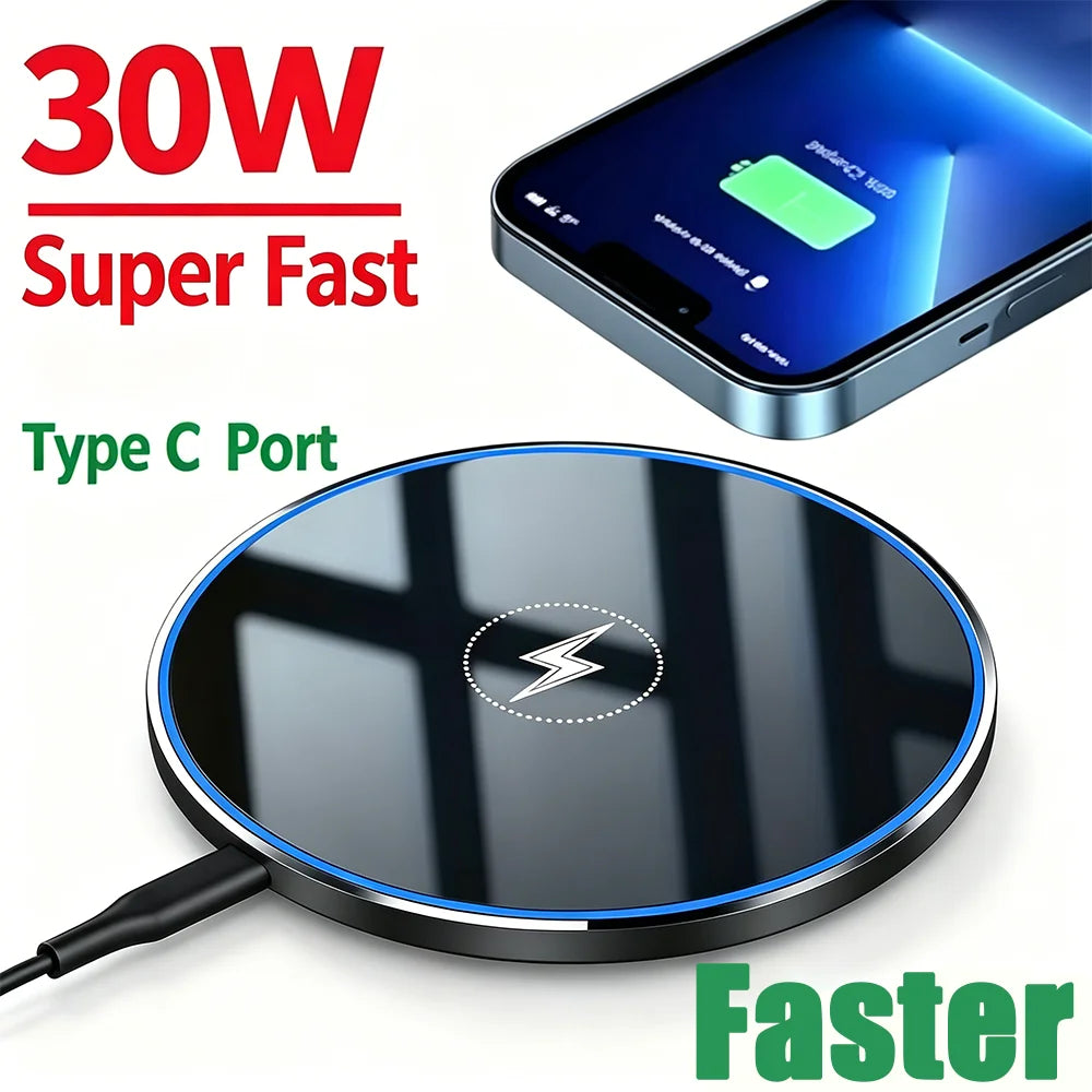 30W Wireless Charger For iPhone 14 15 16 17 Pro Xs Max Mini X Xr Induction Fast Charging Pad For Samsung S25 S26 S8 S9 S10 Note