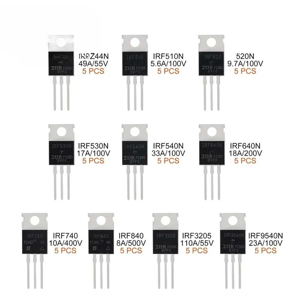 50PCS/set Transistor IRFZ44N IRF540N And IRF3205TO 220 MOSFET Transistors Kit IRFZ44N IRF510N IRF540N IRF3205 IRF9540N Parts