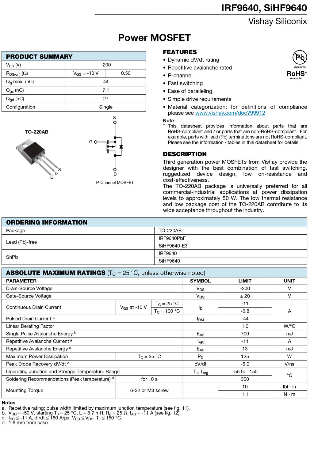 10Pcs/Lot Original IRF9640 Power MOSFET P-Channel 200V 11A 125W TO-220AB Field Effect Transistor IRF9640PBF MOS