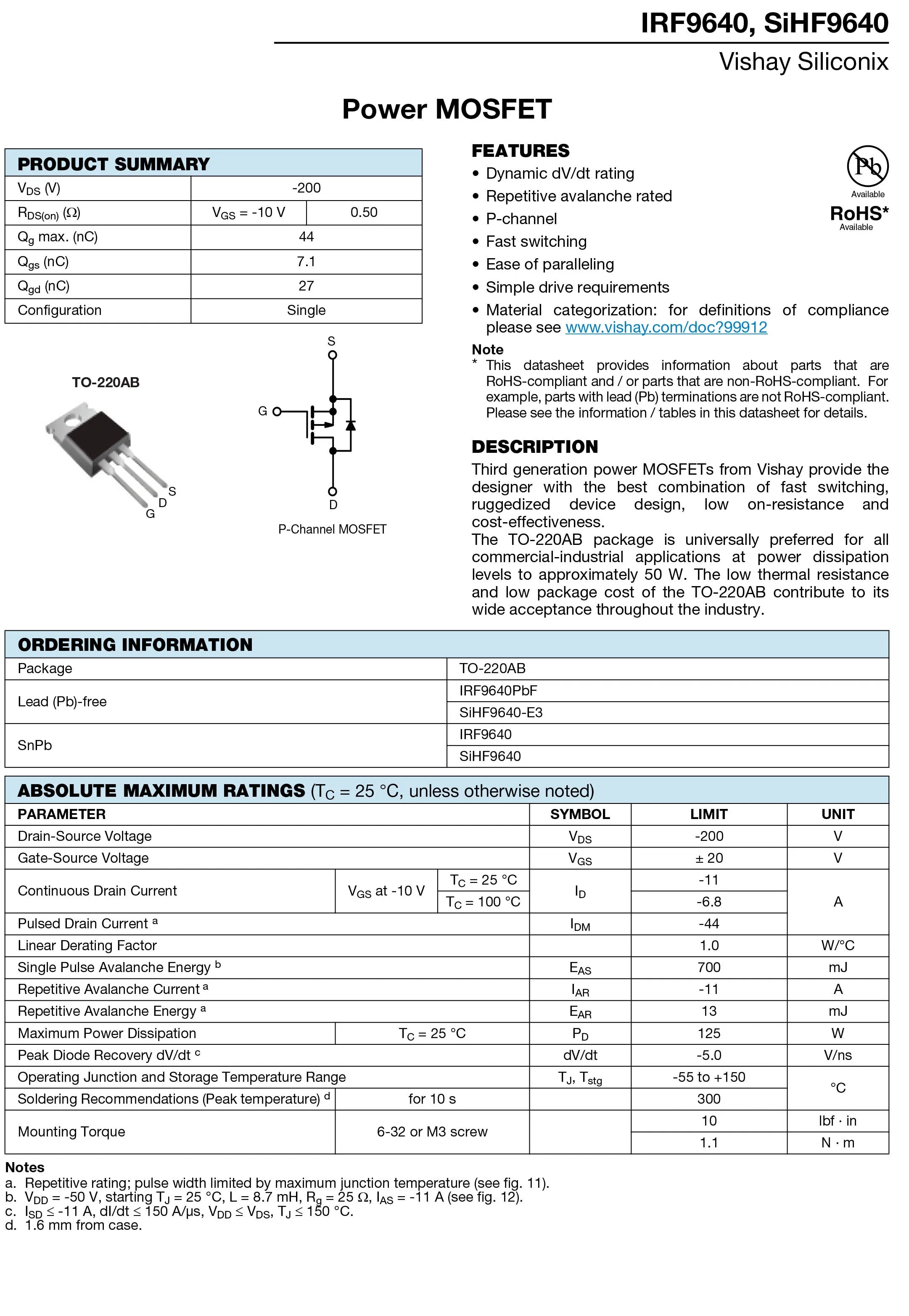 10Pcs/Lot Original IRF9640 Power MOSFET P-Channel 200V 11A 125W TO-220AB Field Effect Transistor IRF9640PBF MOS