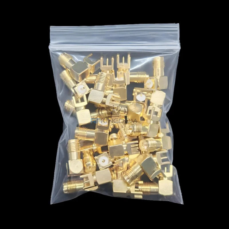 50Pcs Brass SMA PCB Female Connector 90 Degree Angle Gold-Plated RF Socket RP-SMA PCB Mount 4 Pins Stand