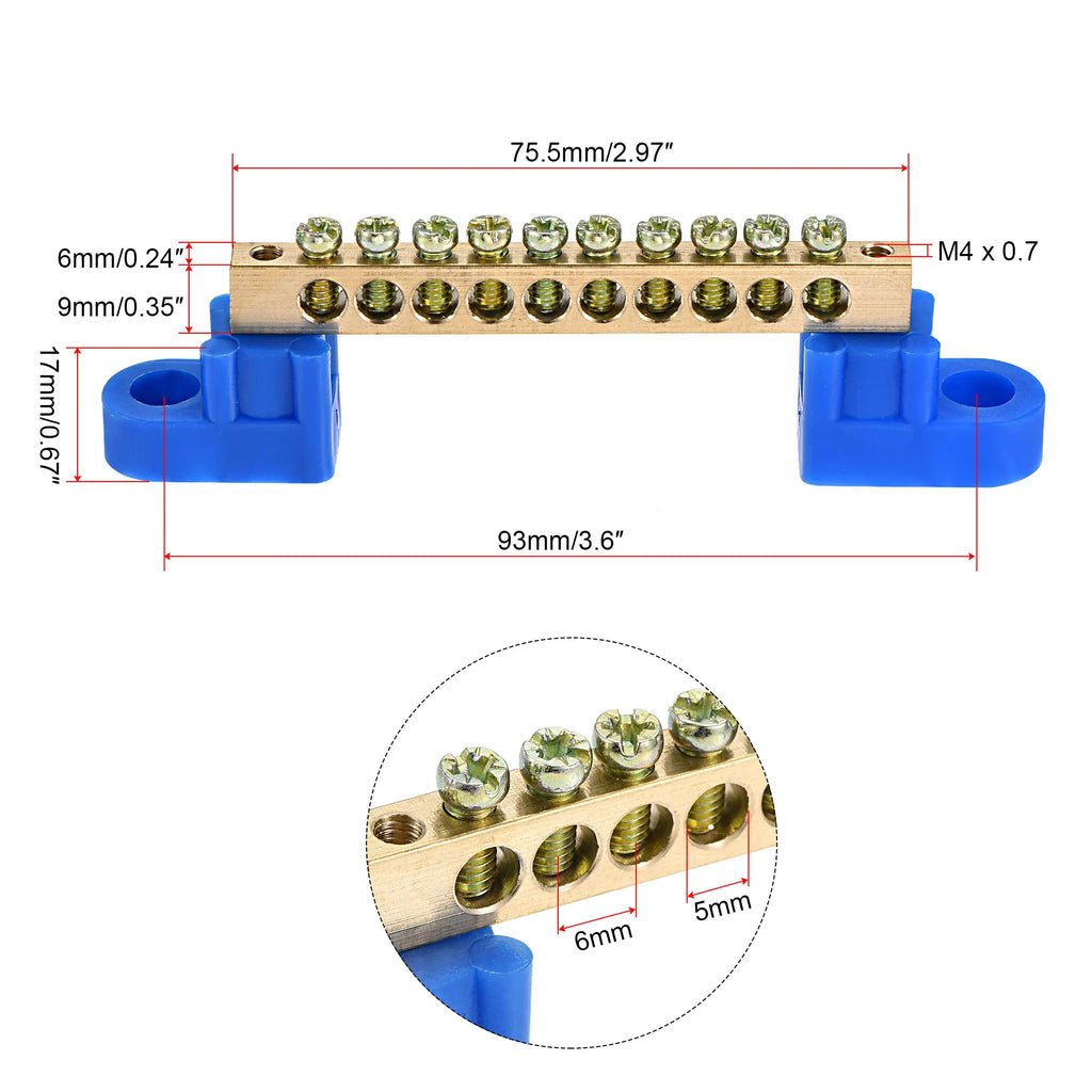 1/2/4Pc Blue Terminal Ground Bar Screw Block Barrier Brass Strip 4/6/8/10/12Positions for Electrical Distribution Box Connection