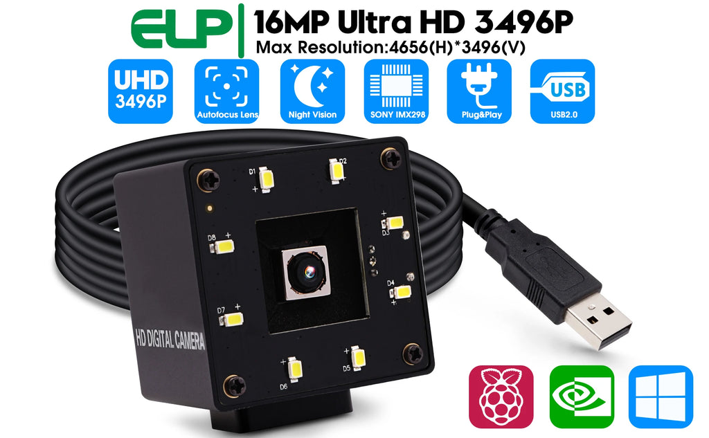 ELP Autofocus USB Camera 16MP Ultra HD Webcam IMX298 Sensor Mini Camera with 68 degree No Distortion Lens