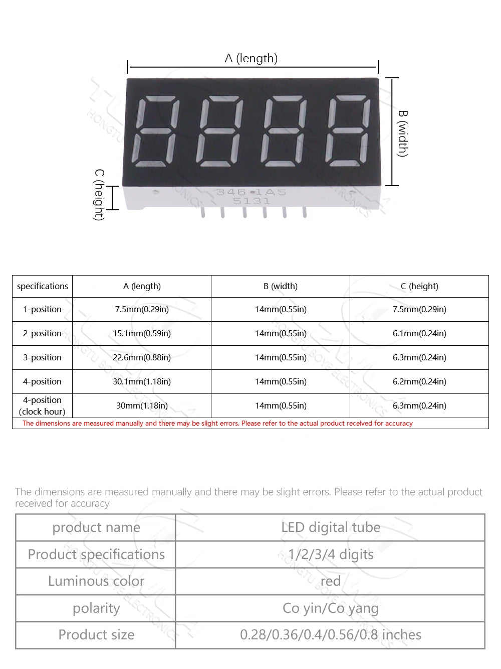 5PCS LED Digital Tube Display 0.28/0.36/0.4/0.56/0.8-Inch 1/2/3/4-Bit 7 Segment Common Cathode/Anode Red/White/Yellow/Green/Blue