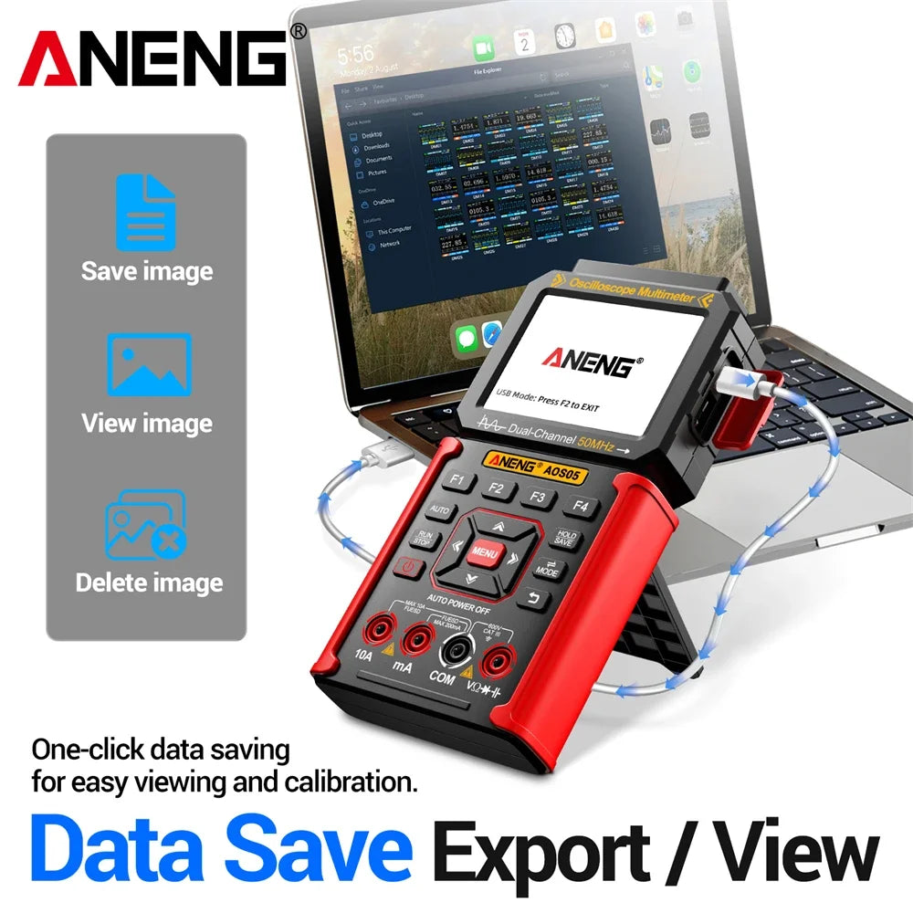Dual-channel Oscilloscope Rechargeable 50MHz Bandwidth 200MSa/s Sampling Smart Automatic 3-in-1 Detector 25000 Count ANENG AOS05