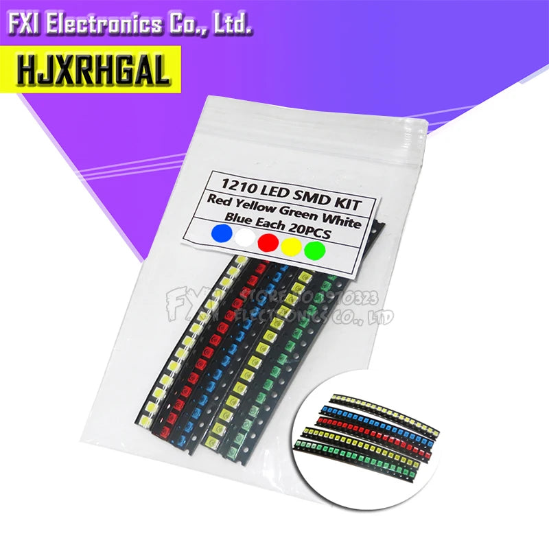 100PCS=5 colors x 20pcs 1210 1206 0805 0603 LED Diode Assortment SMD LED Diode Kit Green/ RED / White / Blue / Yellow