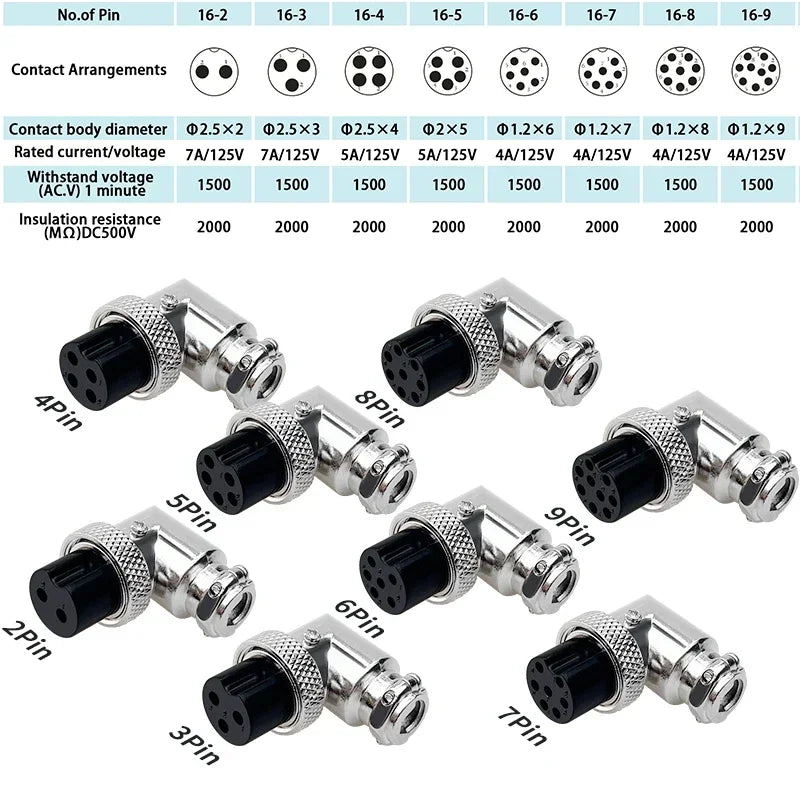 5/10 Sets GX16 2/3/4/5/6/7/8/9 Pin Aviation Connector Male Female 90 Degree Right Angle M16 Circular Cable Plug Socket