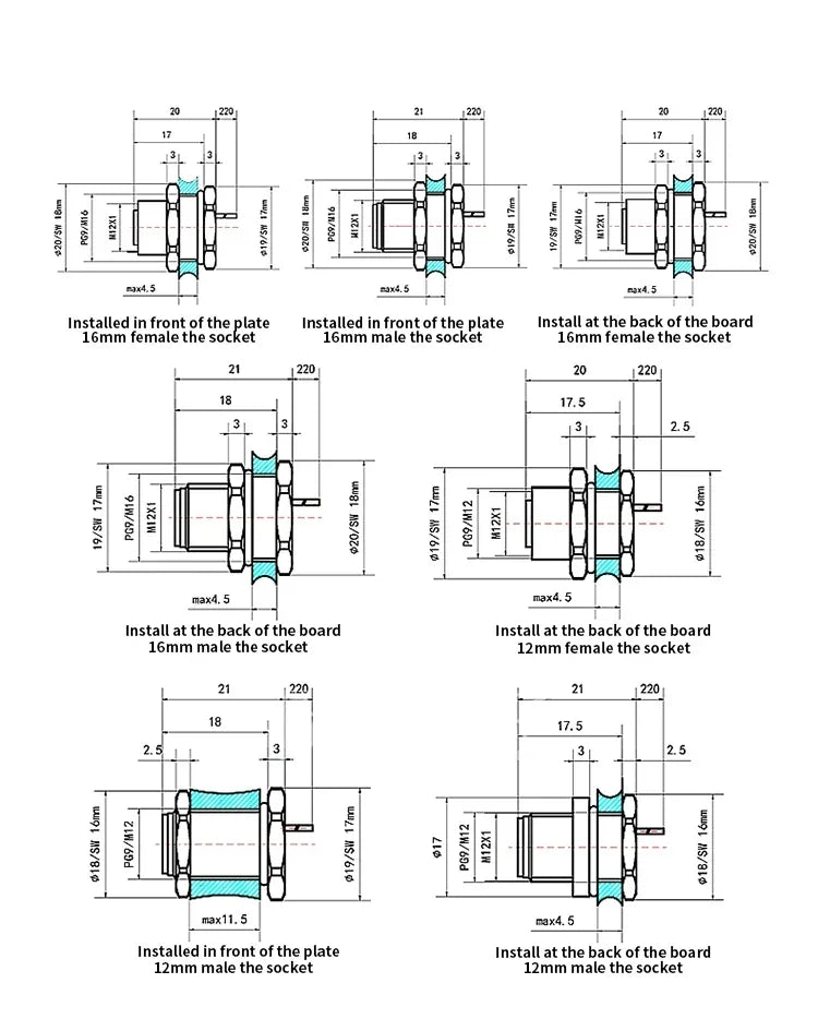 M12 male and female socket  4 5  8  pins weld IP67/68 Install front/rear panel waterproof circular connectors
