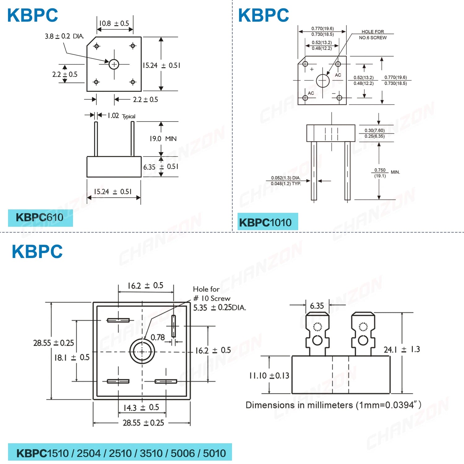Diode Bridge Rectifier DB107 KBPC610 KBPC1010 KBPC1510 KBPC2504 KBPC2510 KBPC3510 KBPC5006 KBPC5010 1A 6A 10A 15A 25A 35A 50A